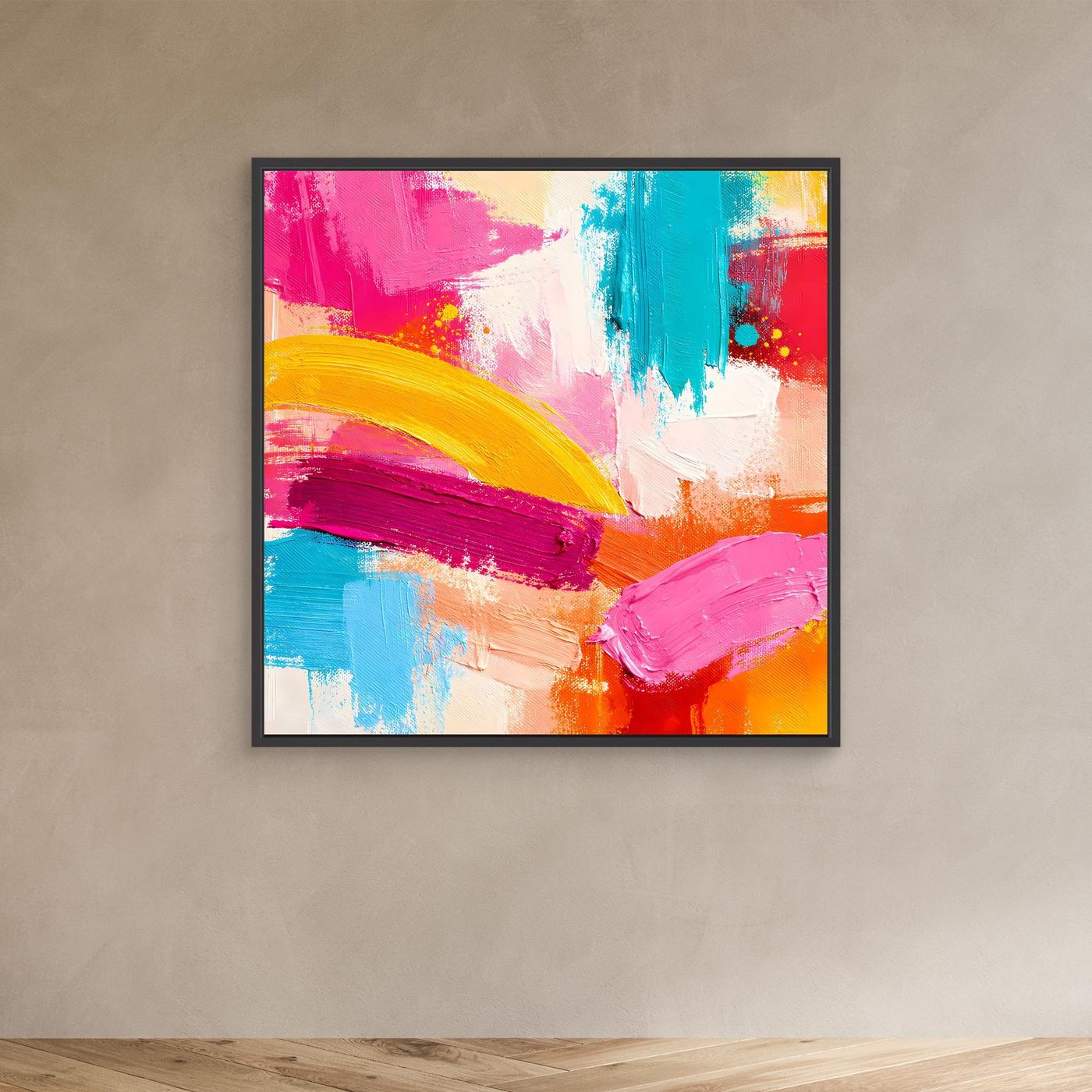 Abstraktes Leinwandbild im schwarzen Rahmen mit pastellen Farbbahnen in Pink, Türkis, Gelb und Orange.