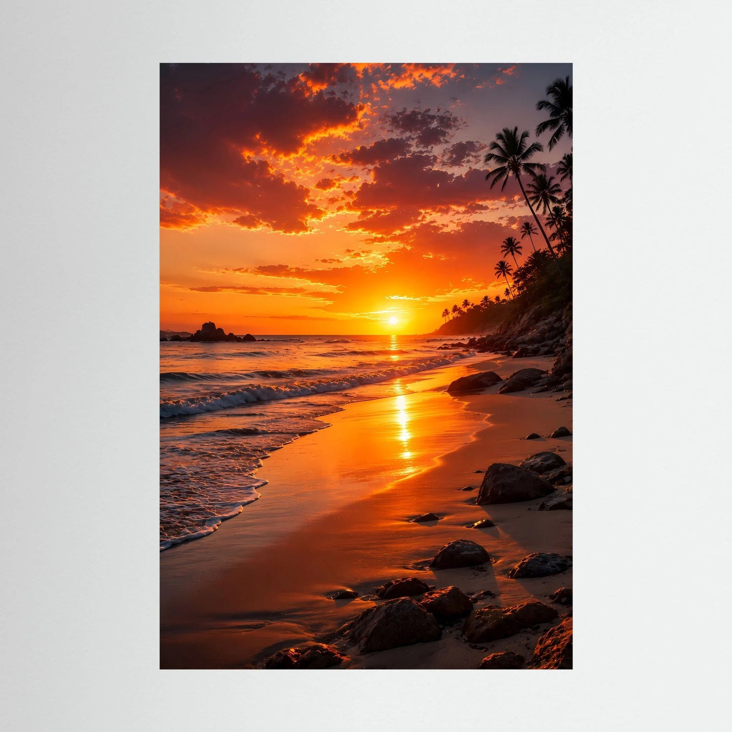 Hochformatiges Sonnenuntergangs-Poster mit Strand und Palmen, ohne Rahmen