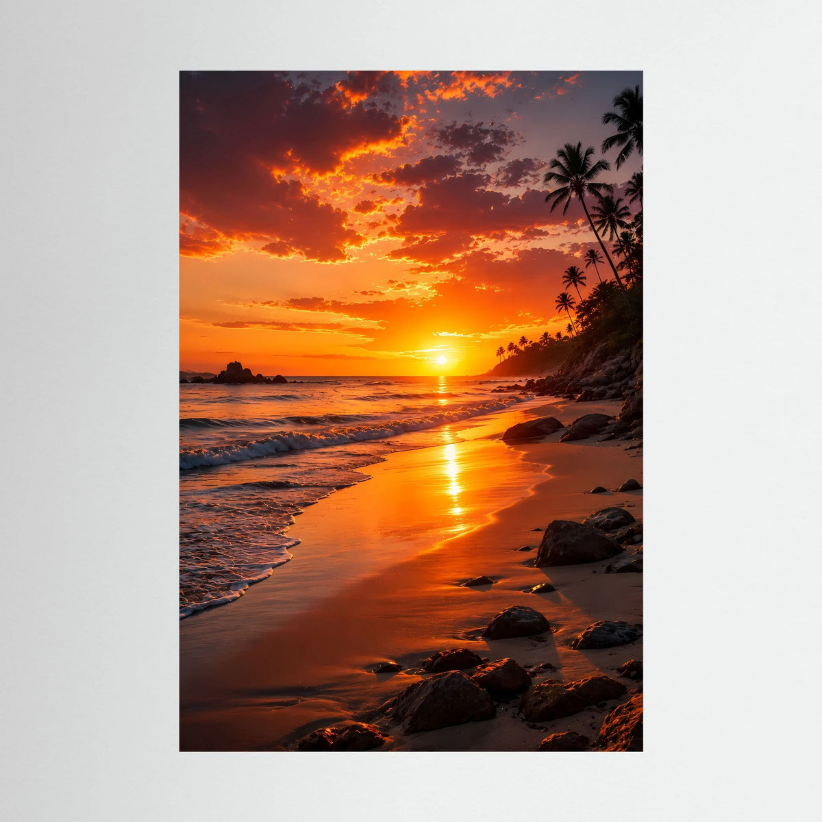 Hochformatiges Sonnenuntergangs-Poster mit Strand und Palmen, ohne Rahmen