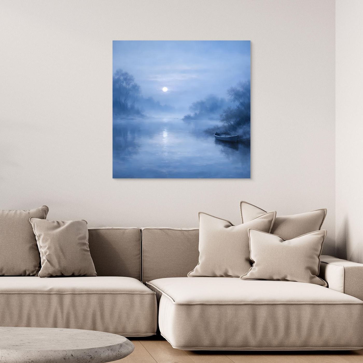 Quadratisches Leinwandbild: blauer Fluss im Mondlicht mit Nebel und Boot