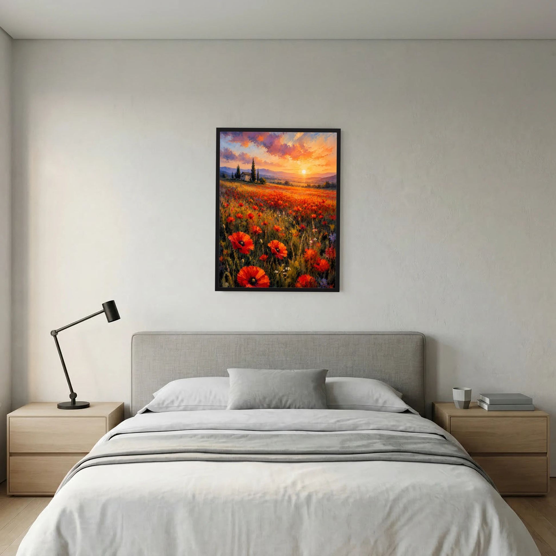 Hochformatiges Poster mit Mohnblumenfeld im Sonnenuntergang, Rot und Orange, schwarzer Rahmen
