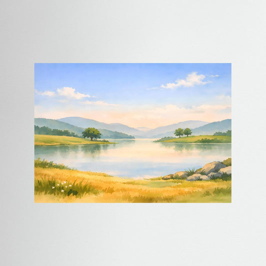 Natur-Poster im Aquarellstil, Querformat: See, Wiesen und Hügel, ohne Rahmen