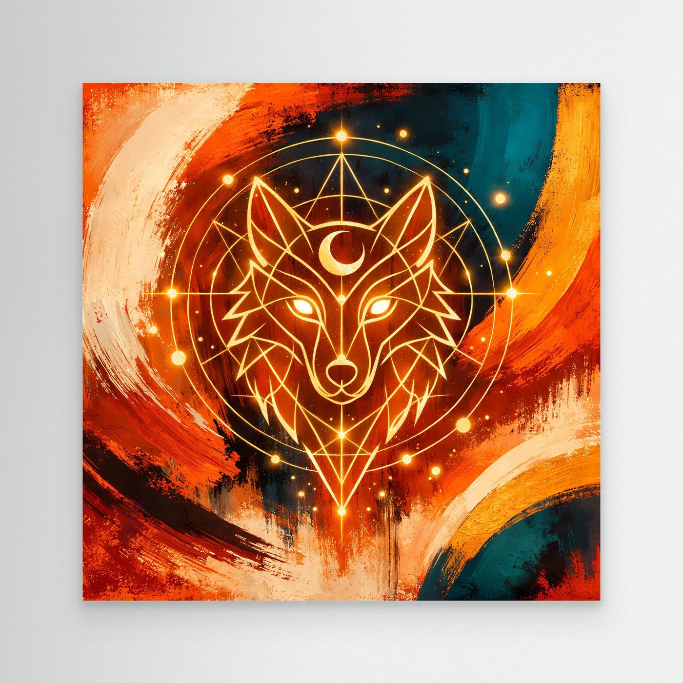 Leinwand-Wandbild mit geometrischem Wolf, abstraktes Kosmos-Motiv in Rot und Blau