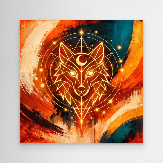 Leinwand-Wandbild mit geometrischem Wolf, abstraktes Kosmos-Motiv in Rot und Blau