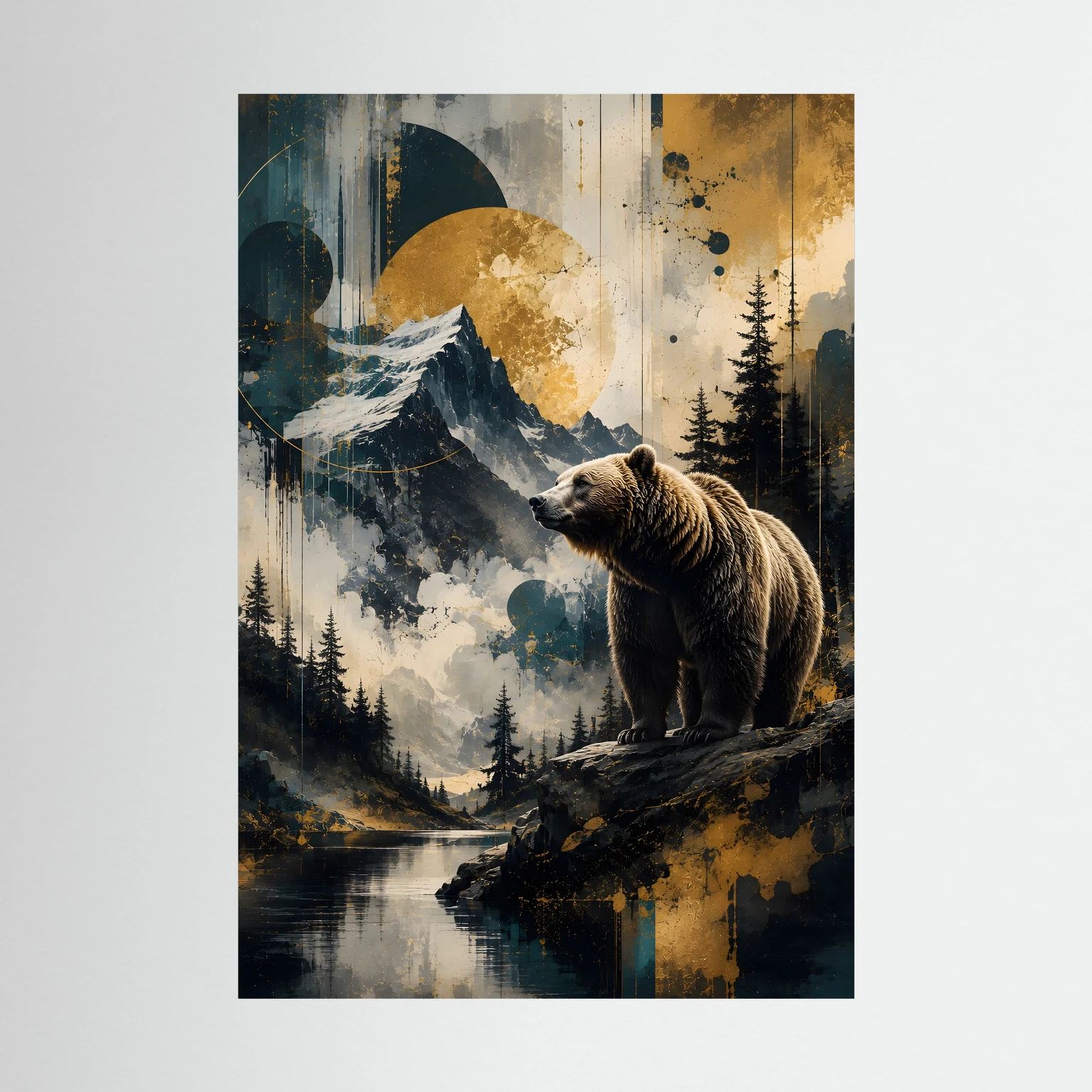 Wandposter im Hochformat mit Braunbär auf Felsen in Berglandschaft mit Tannen