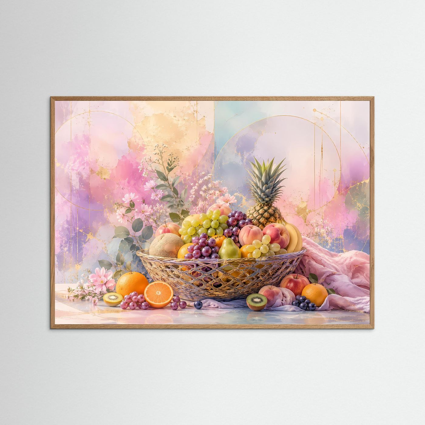 Abstrakter Obstkorb in Pastell | Elegantes Stillleben mit Früchten & Blüten