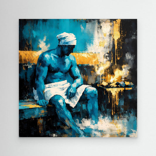 Leinwand-Wandbild: sitzender blauer Mann mit weißem Hut und Kerzen, abstrakt.