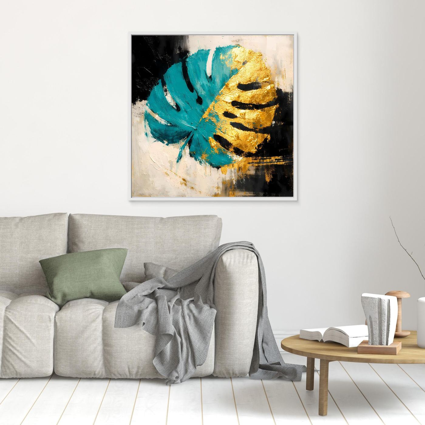 Leinwand Abstraktes Monstera Gemälde in Türkis und Gold | Modernes Botanik Wandbild