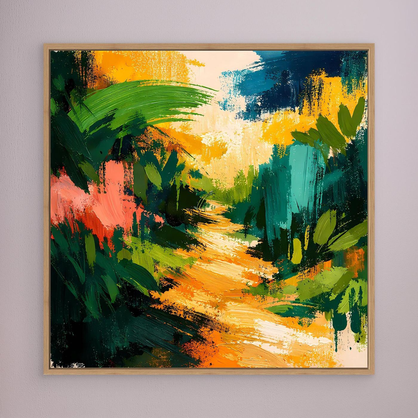 Abstract canvas wall art with colorful forest path strokes, light wood frame