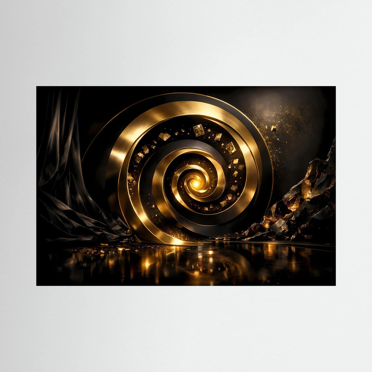 Wandbild mit goldener 3D-Spirale und dunklen Konfetti-Details, Querformat