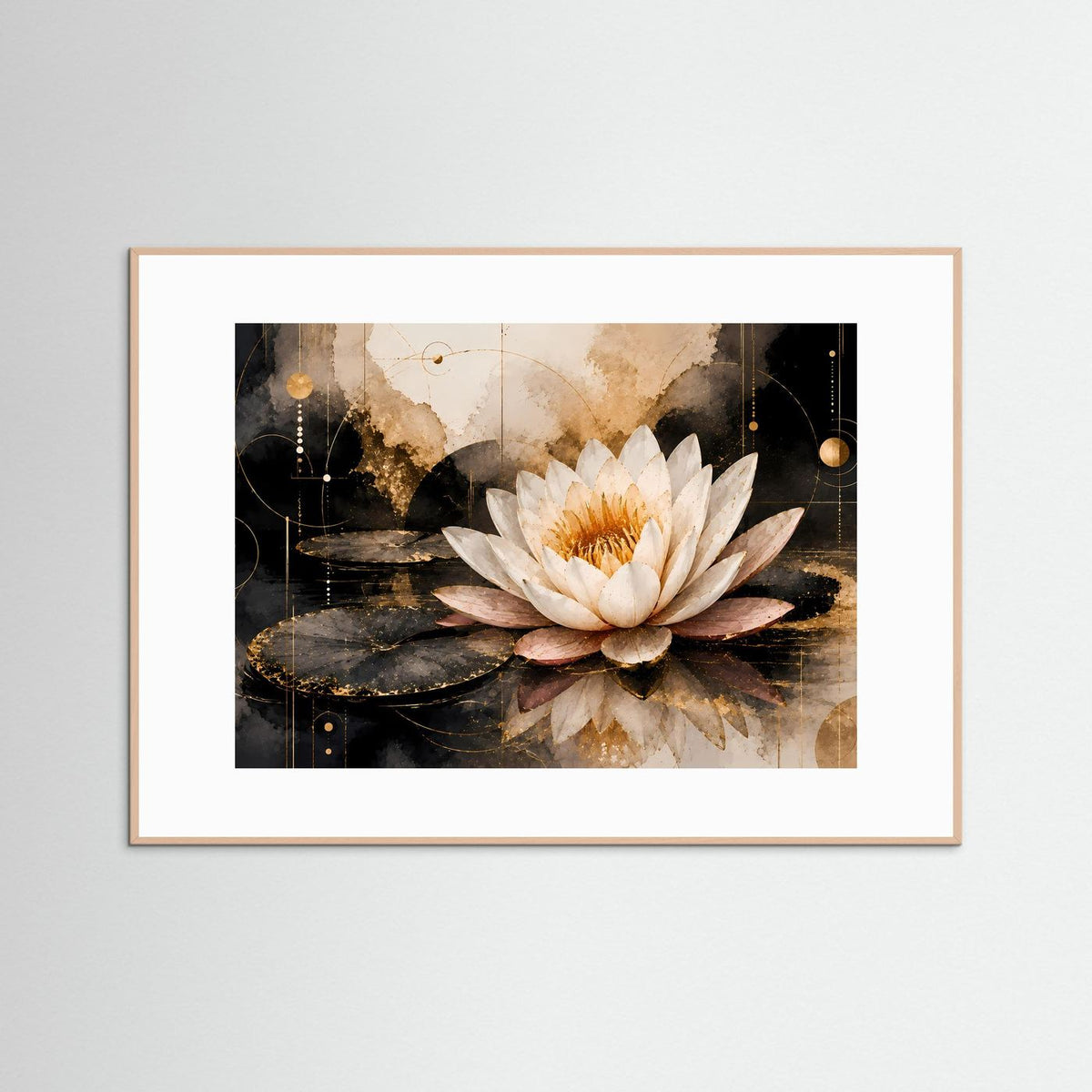 Querformat-Poster im hellen Holzrahmen mit weißer Seerose und Goldakzenten auf dunklem Wasser