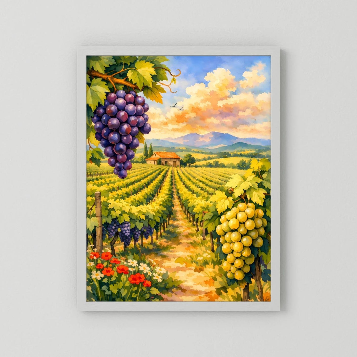 Hochformat-Wandbild Weinberge mit Trauben, weißer Rahmen und weißer Rand