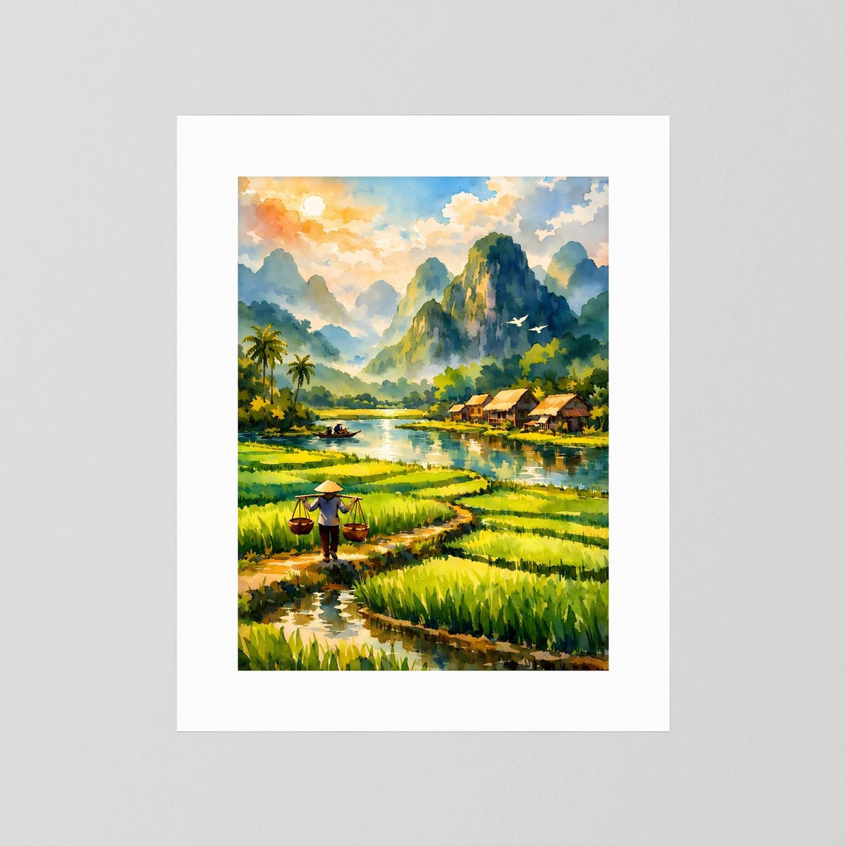 Reisfelder-Poster im Hochformat mit Fluss und Reisterrassen, Dorfhütten und Bergen, im Passepartout.