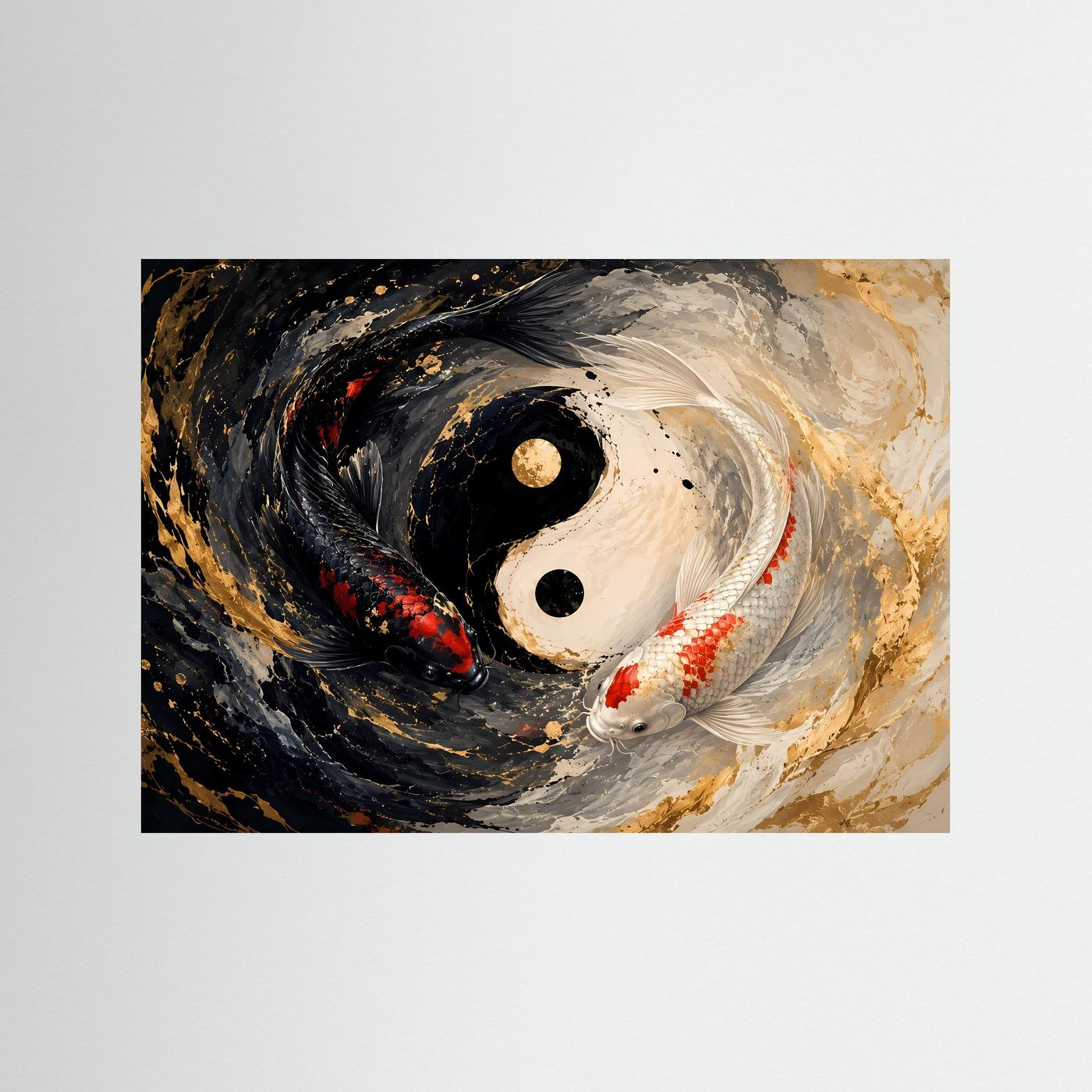 Yin Yang Koi Poster Querformat | Koi Karpfen Wandbild Schwarz Weiß Gold | Moderne Zen Kunst