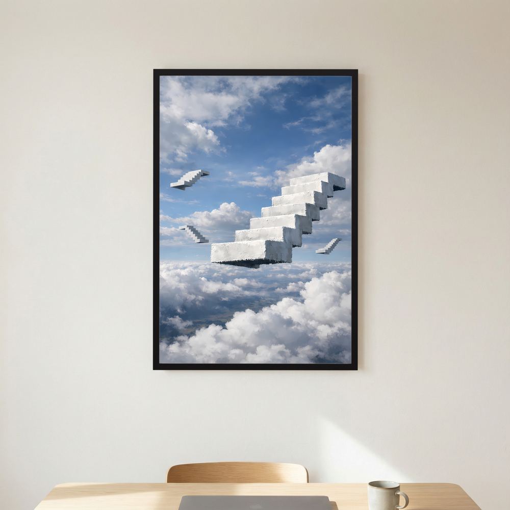 Hochformatiges Poster mit schwebender Treppe über Wolken, schwarzer Rahmen