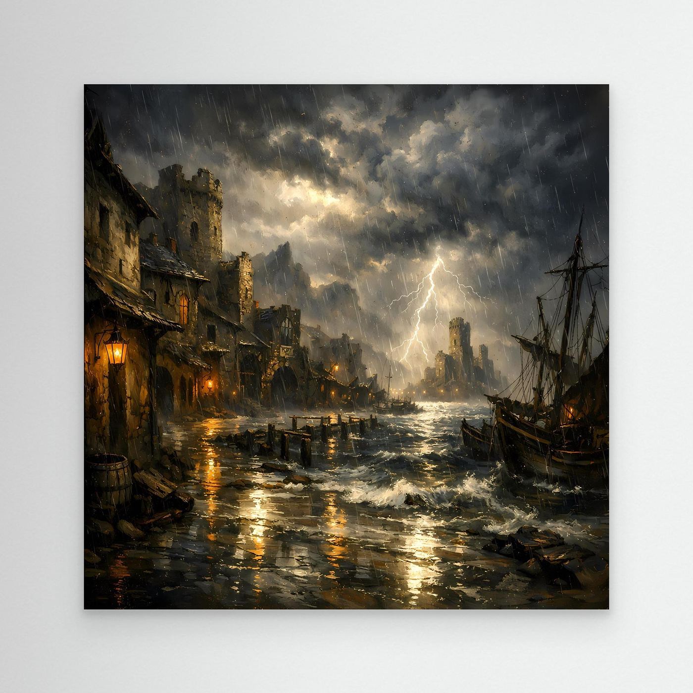 Hafen-Leinwandbild mit Gewitter, Blitz und Segelbooten, dunkles Uferlicht, schwarzer Rahmen