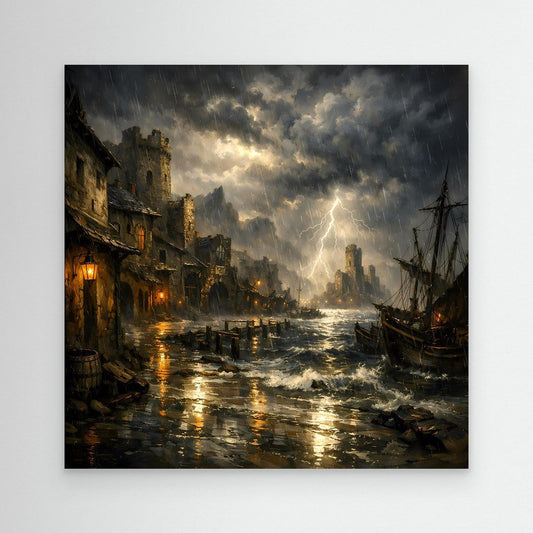 Hafen-Leinwandbild mit Gewitter, Blitz und Segelbooten, dunkles Uferlicht, schwarzer Rahmen
