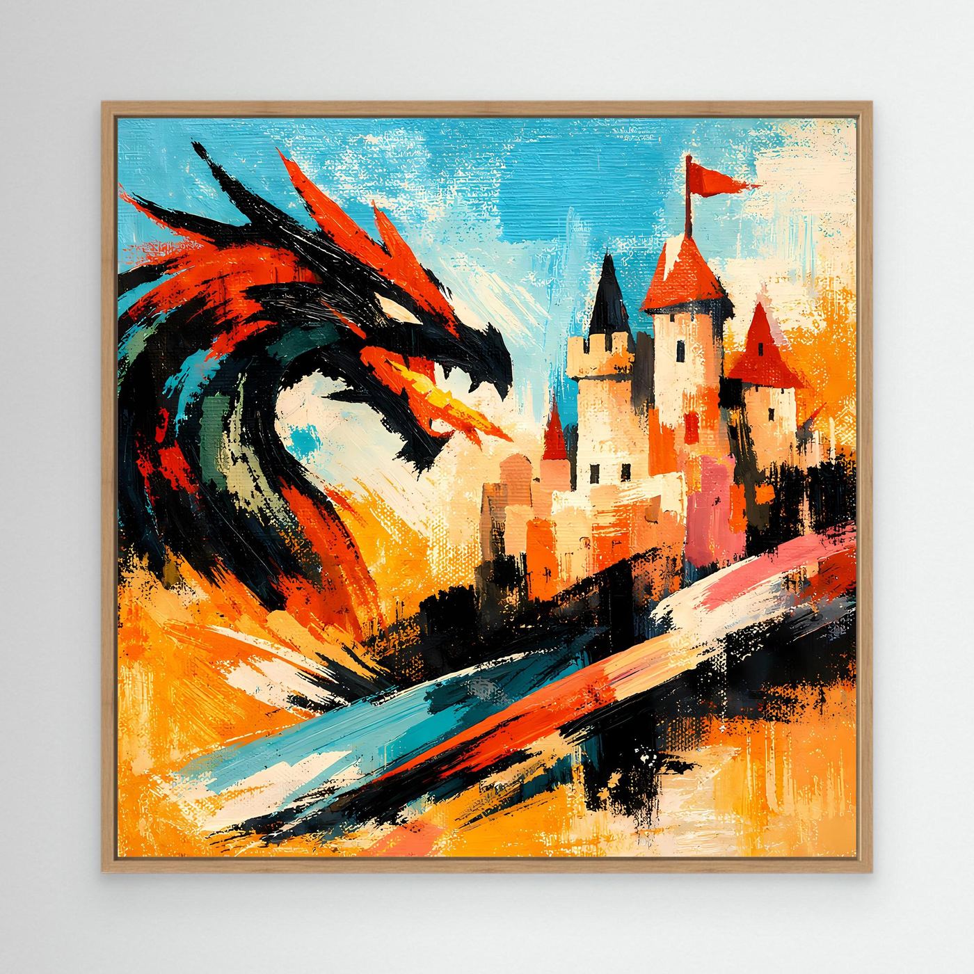 Leinwand Mythischer Drache vor dem Königsschloss | Abstraktes Fantasy Wandbild