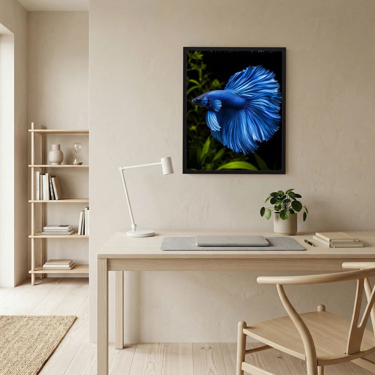 Wandposter: blauer Betta-Kampffisch im schwarzen Rahmen, an der Wand, Hochformat