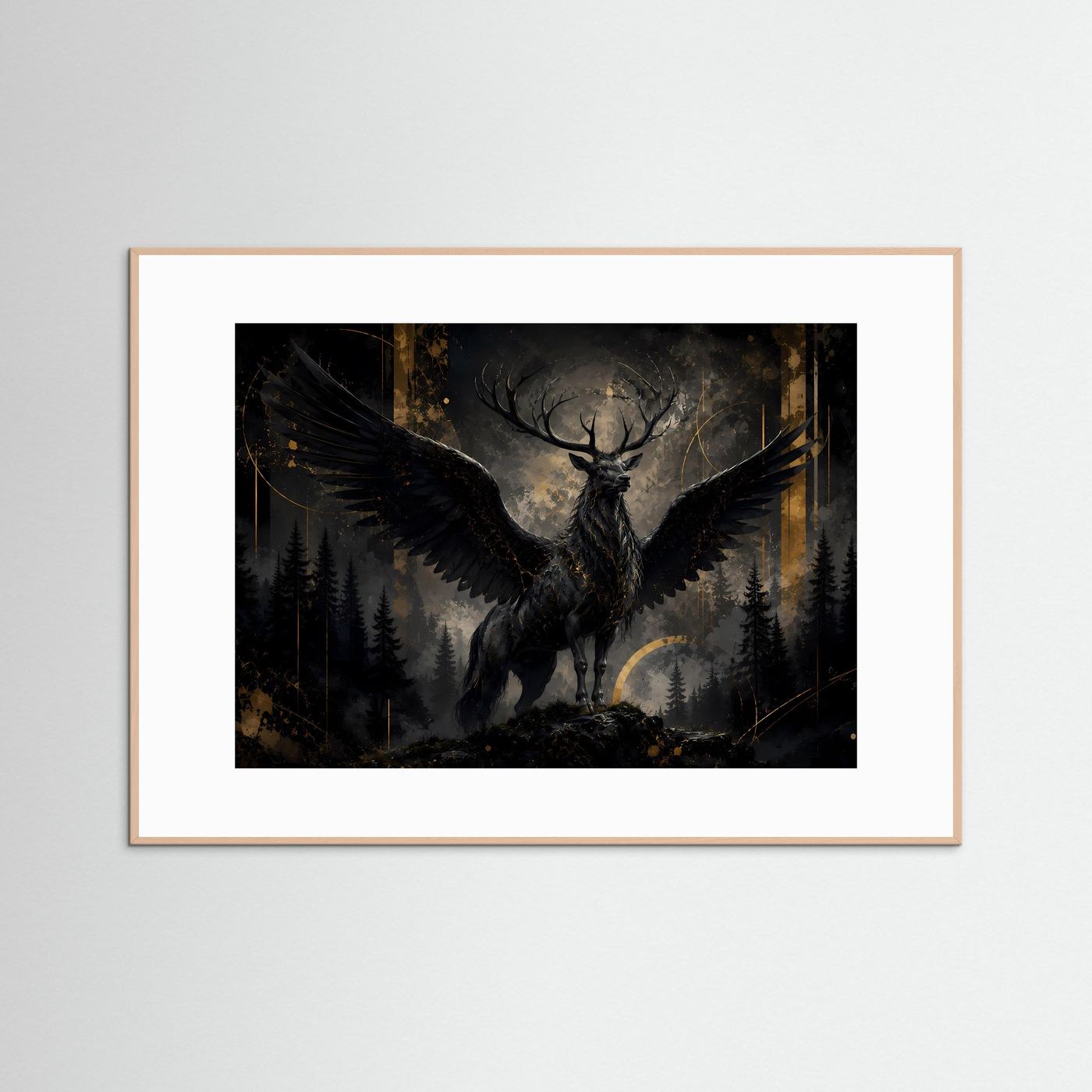 Mystischer schwarzer Hirsch mit Flügeln | Fantasy Poster im Wald | Edles Wandbild Schwarz & Gold Querformat