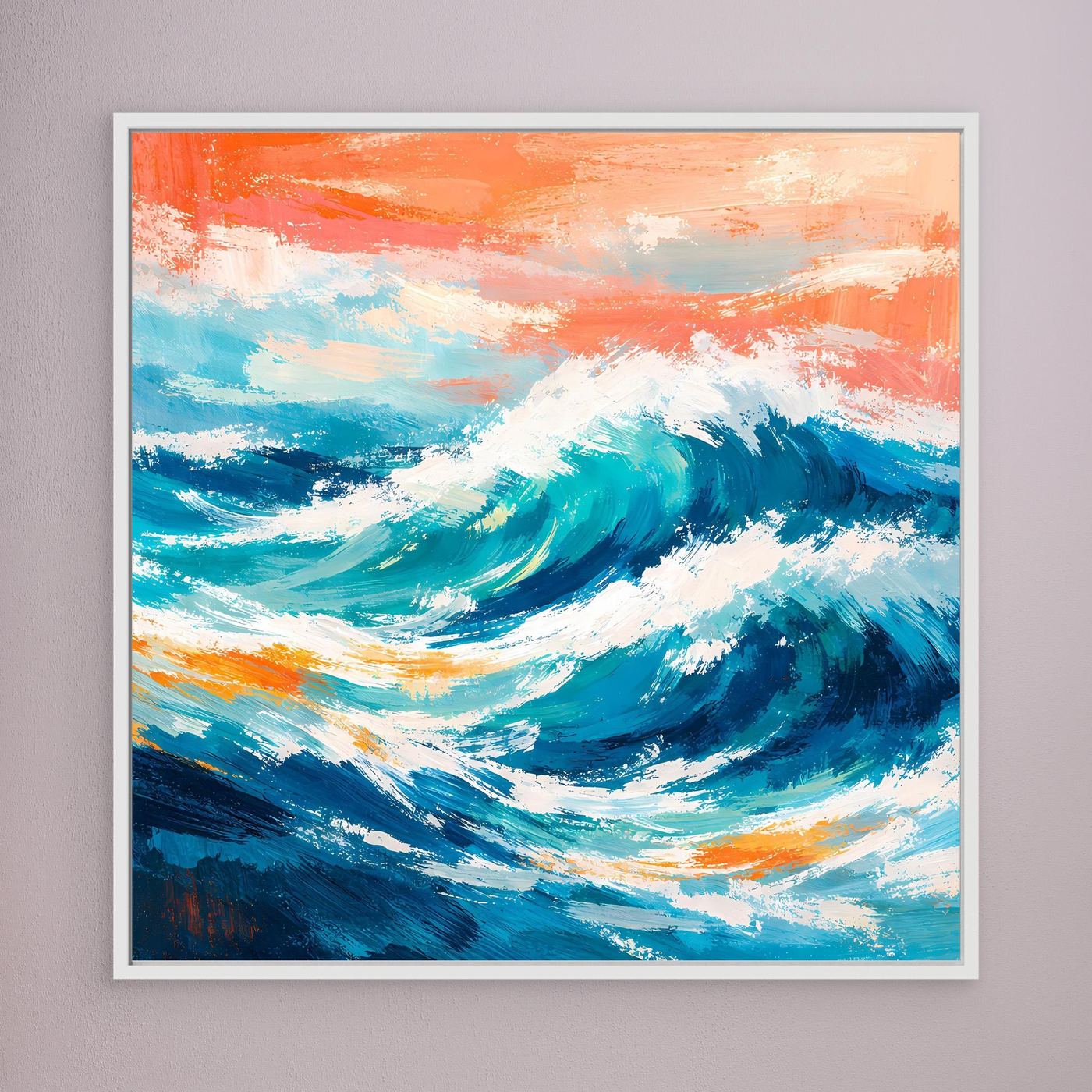 Abstraktes Leinwandbild mit türkisblauer Meereswelle und orangefarbenem Himmel, weißer Rahmen