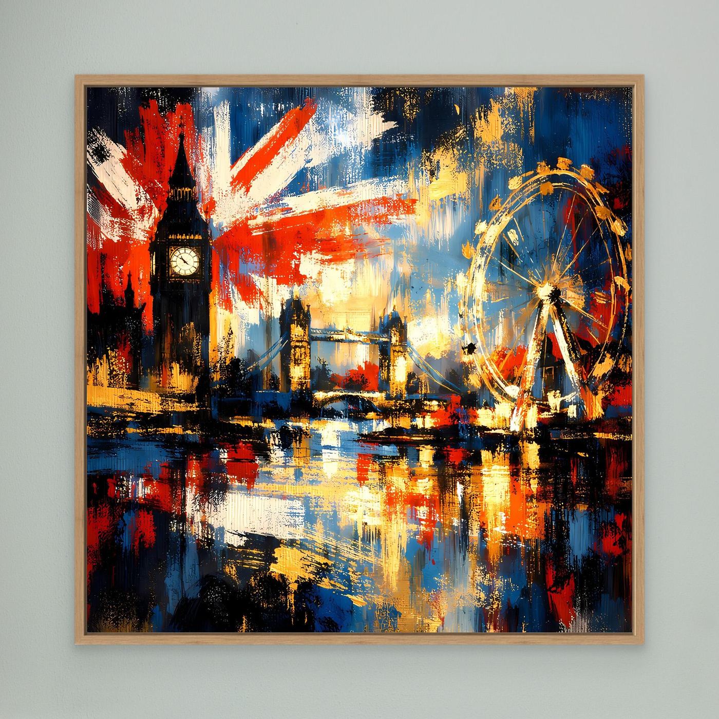 Leinwandbild mit London-Skyline und UK-Flagge, farbige Pinselstruktur, goldbrauner Rahmen