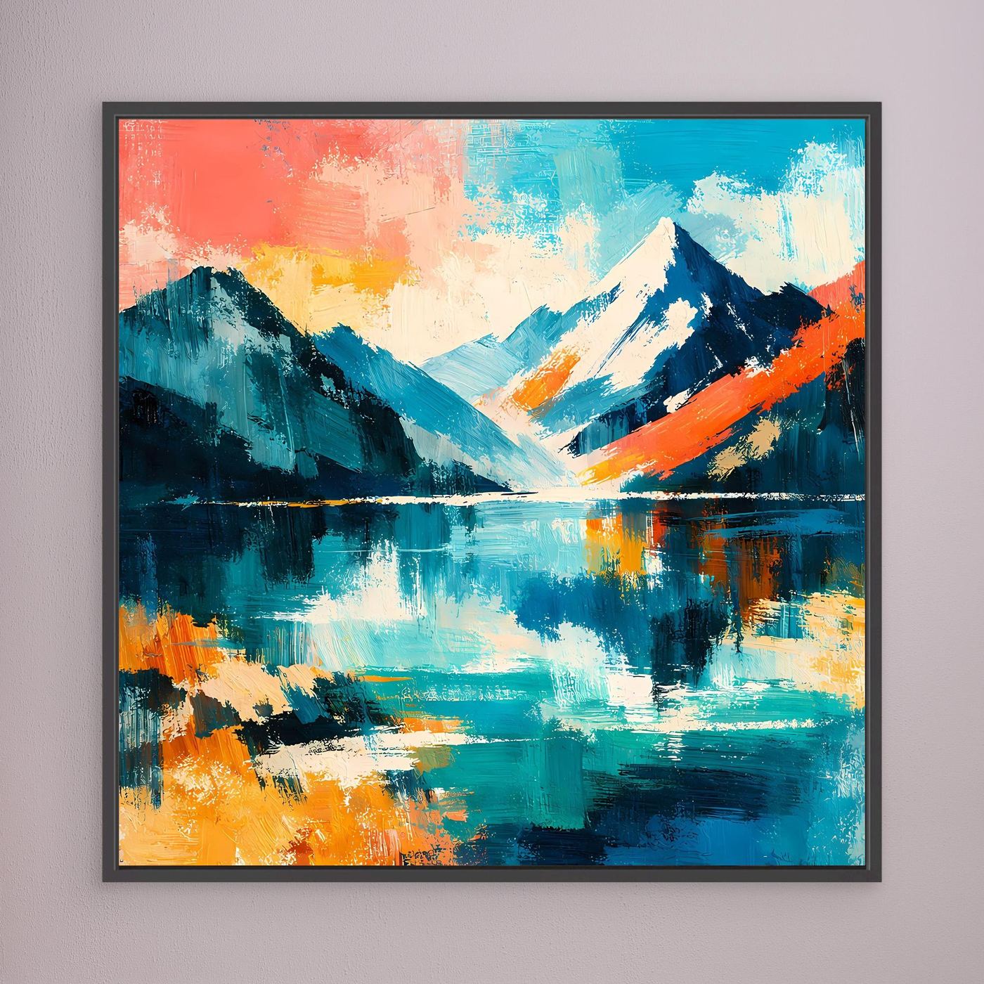 Gerahmtes Leinwand-Wandbild mit abstrakter Bergwelt und See, schwarzer Rahmen