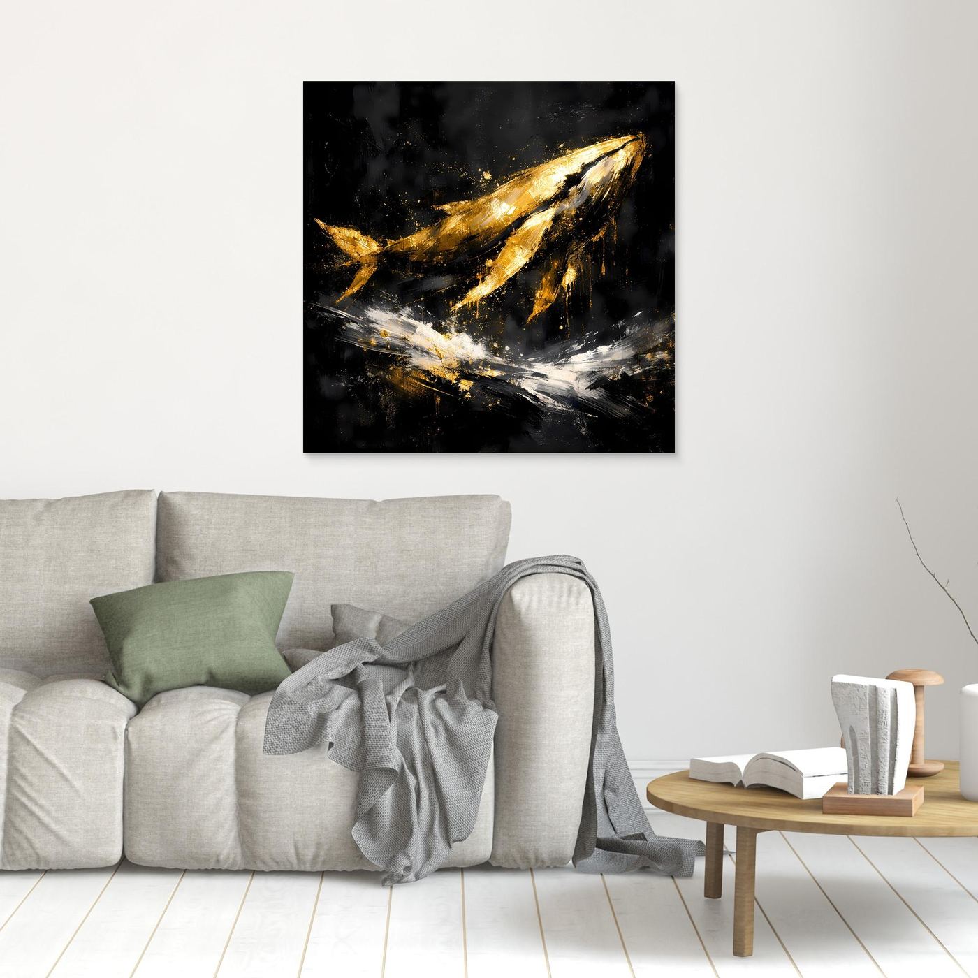 Leinwand Majestätischer Wal in Gold und Schwarz | Modernes Abstraktes Meeres Wandbild