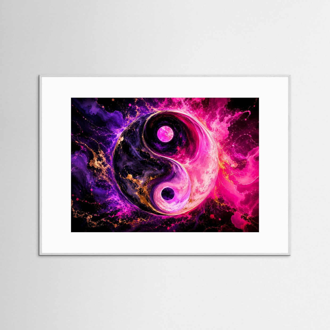 Yin Yang Poster Querformat | Abstrakte Neon Wandkunst Pink Lila | Spirituelle Moderne Leinwandkunst