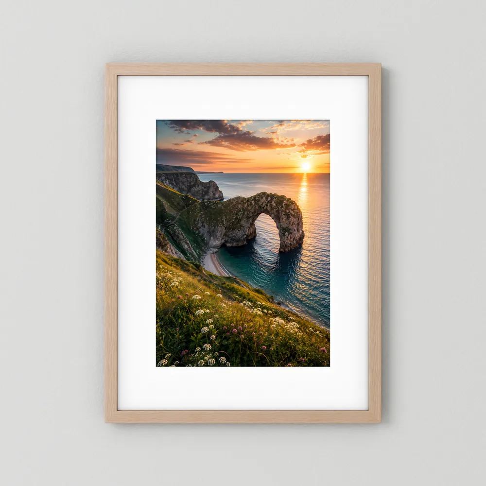 Holzrahmen-Poster im Hochformat mit Passepartout: Küstenbogen am Meer bei Sonnenuntergang