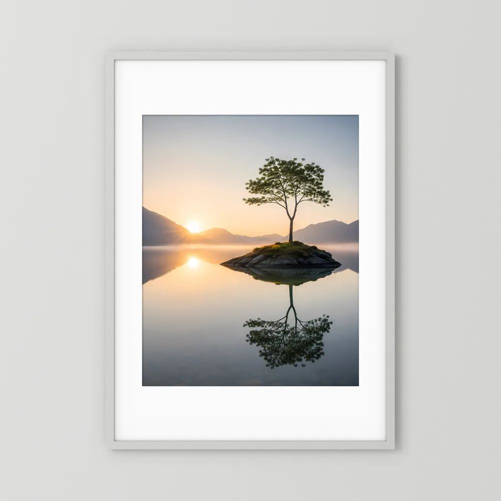 Hochformat-Poster mit weißem Rahmen und Passepartout, einsamer Baum auf kleiner Insel im Sonnenaufgang.