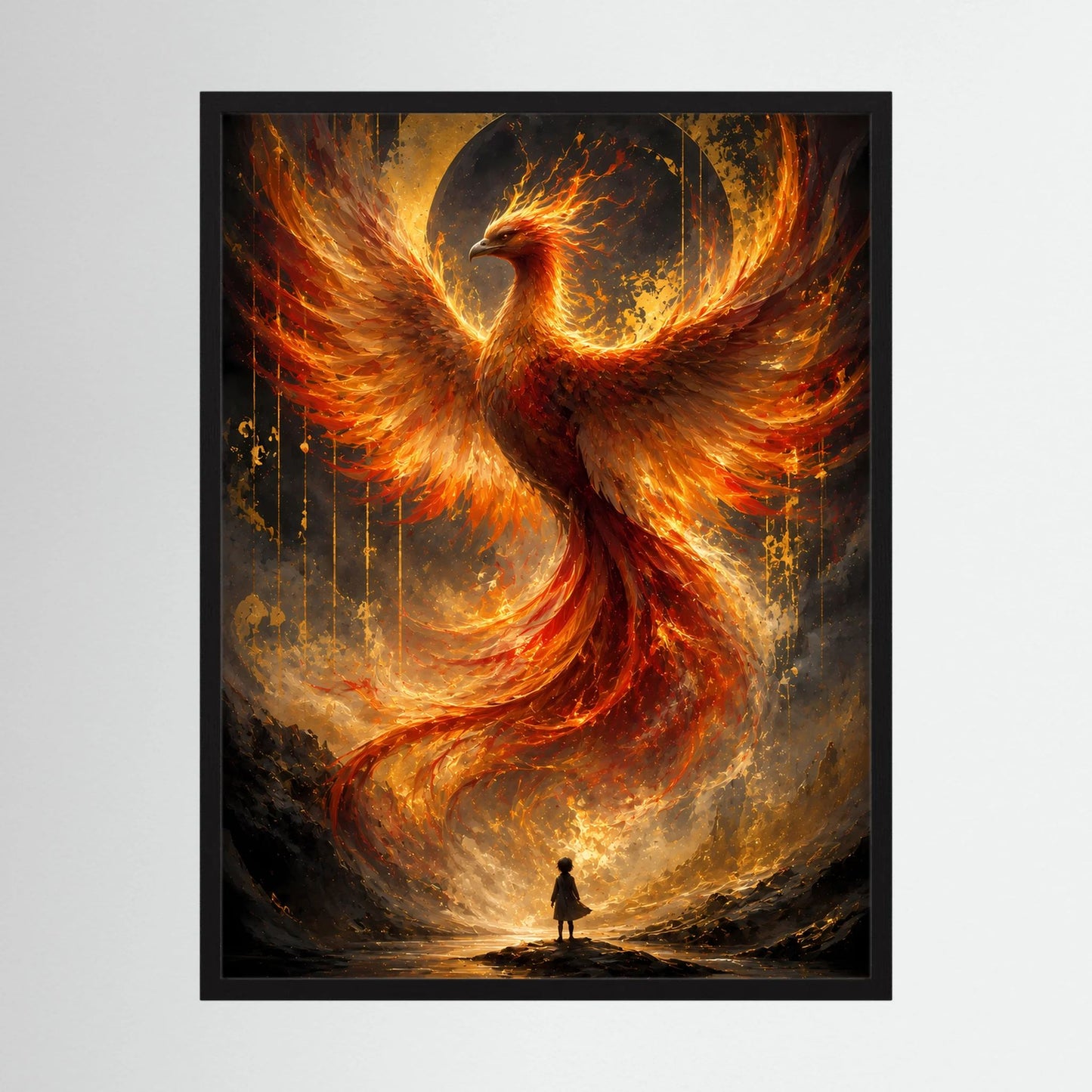 Poster mit mystischem Feuervogel in Gold und Orange, im schwarzen Rahmen