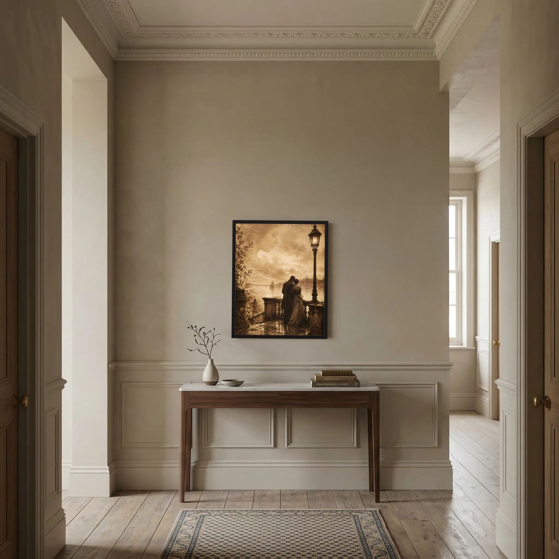 Gerahmtes Poster mittig an der Wand: sepia Bild mit Paar am Geländer und Laterne
