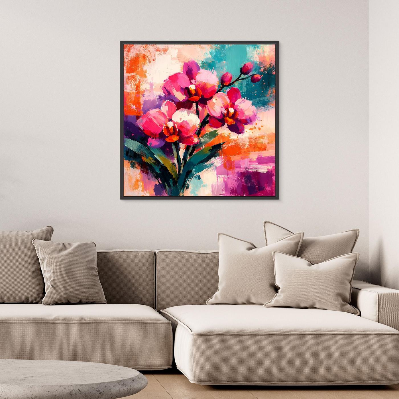 Gerahmtes Orchideen-Leinwandbild mit bunten Blüten und farbigen Spritzern
