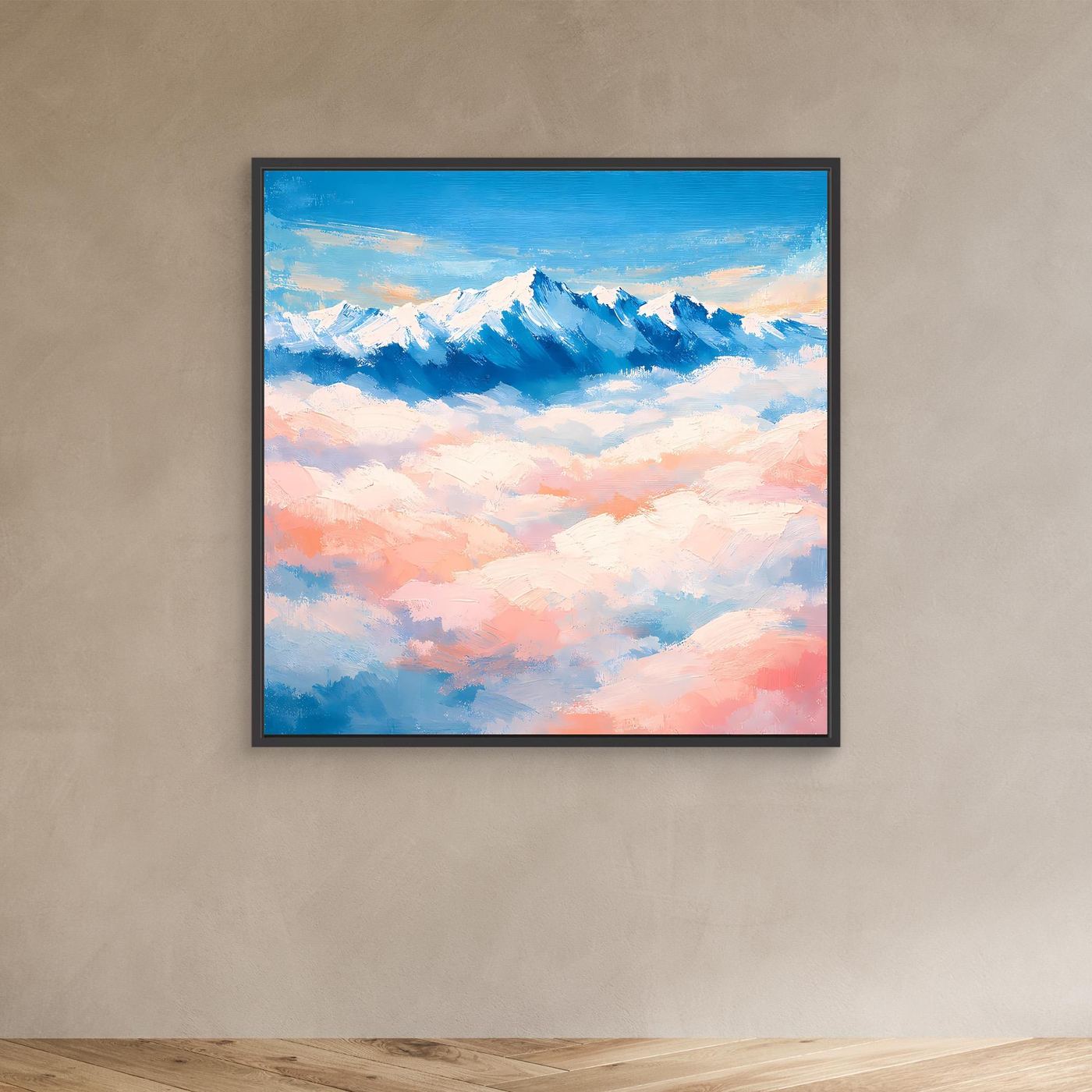 Quadratisches abstraktes Leinwandbild mit verschneiten Berggipfeln über Wolken, schwarzer Rahmen