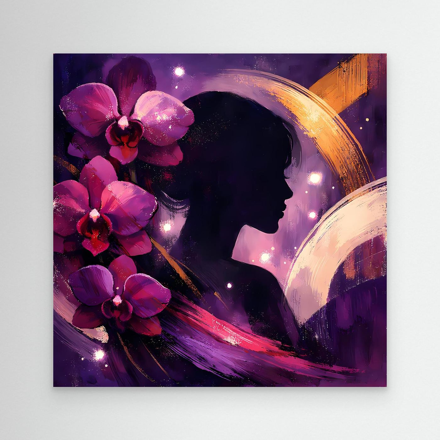 Leinwandbild mit abstrakter Frauenprofil-Silhouette, violetten Orchideen und goldenen Pinselstrichen