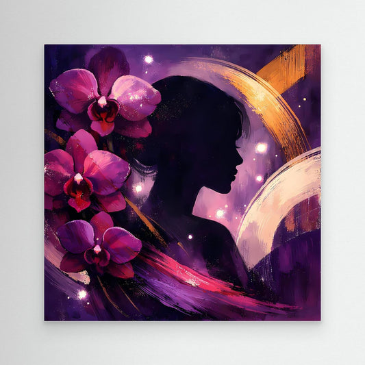 Leinwandbild mit abstrakter Frauenprofil-Silhouette, violetten Orchideen und goldenen Pinselstrichen