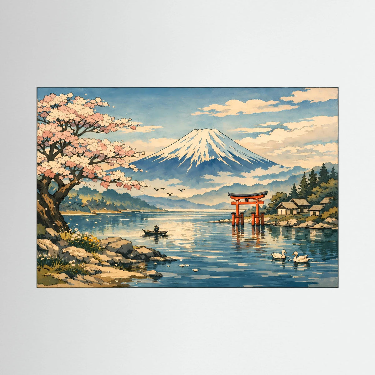 Querformatiges Wandbild: Fuji über Kirschblüten am See, Torii auf dem Wasser im Rahmen