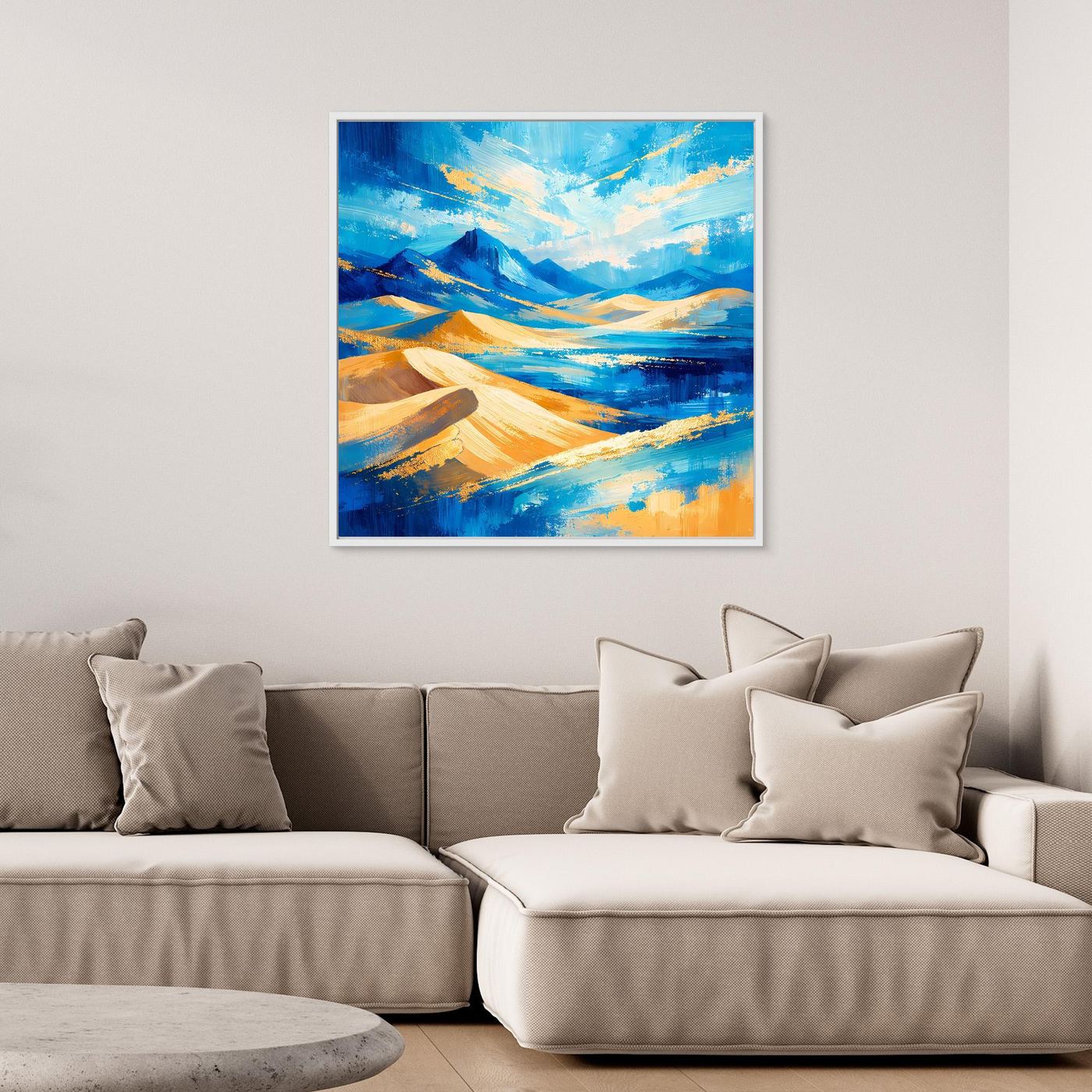Leinwandbild mit abstrakter Berglandschaft, goldene Sandhügel und blaue Flächen