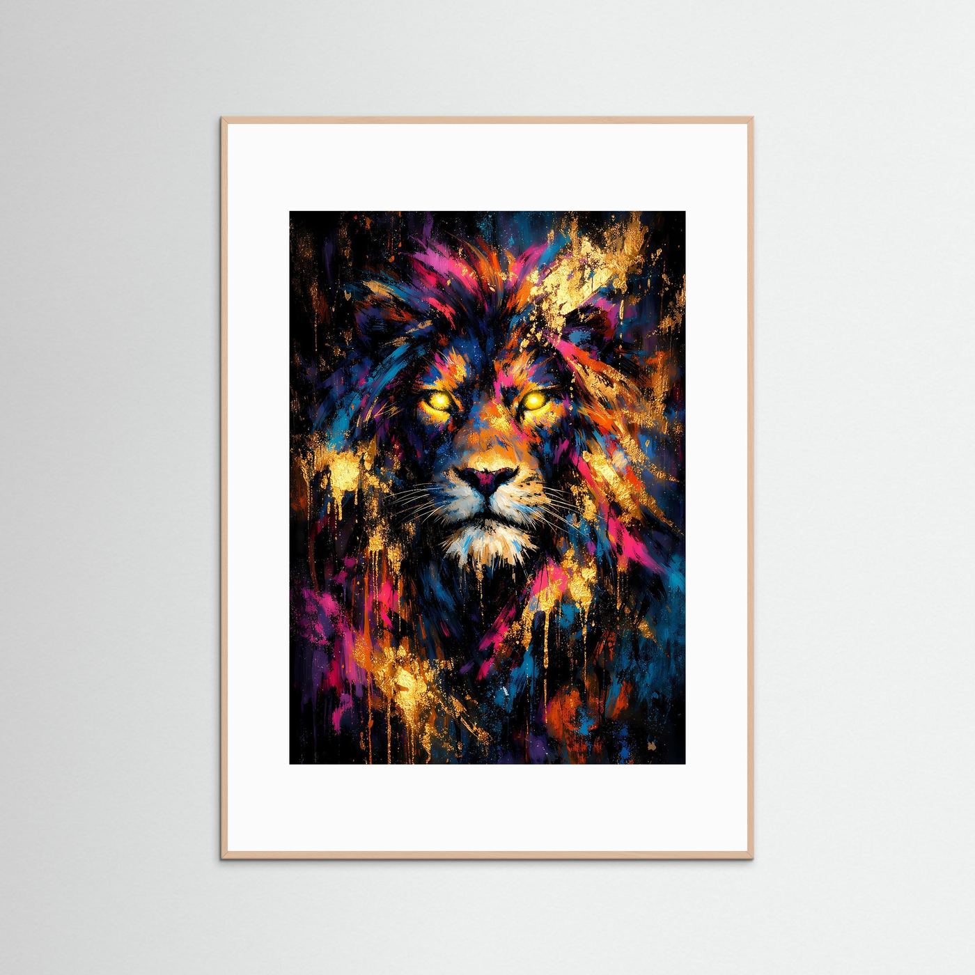 Löwenposter im Hochformat mit abstraktem Löwenkopf, goldbrauner Rahmen