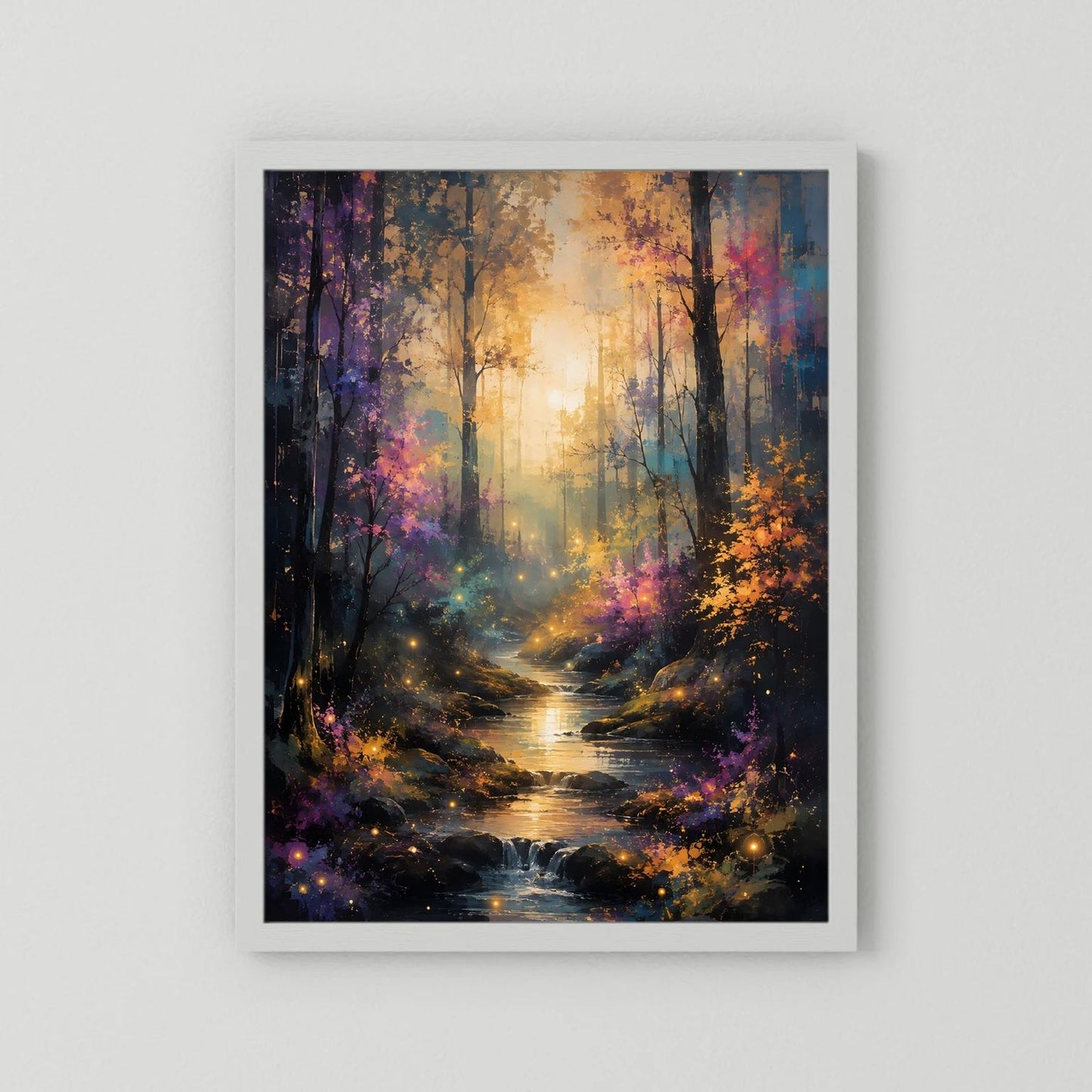 Wandbild im Hochformat mit weißem Rahmen: mystischer Waldweg und leuchtender Bach