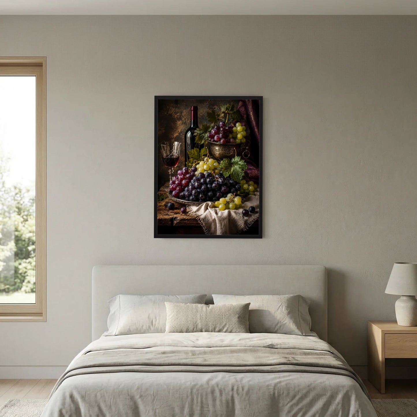 Hochformat-Poster an der Wand: Weinflasche, Trauben und Schale mit Traubenmotiv