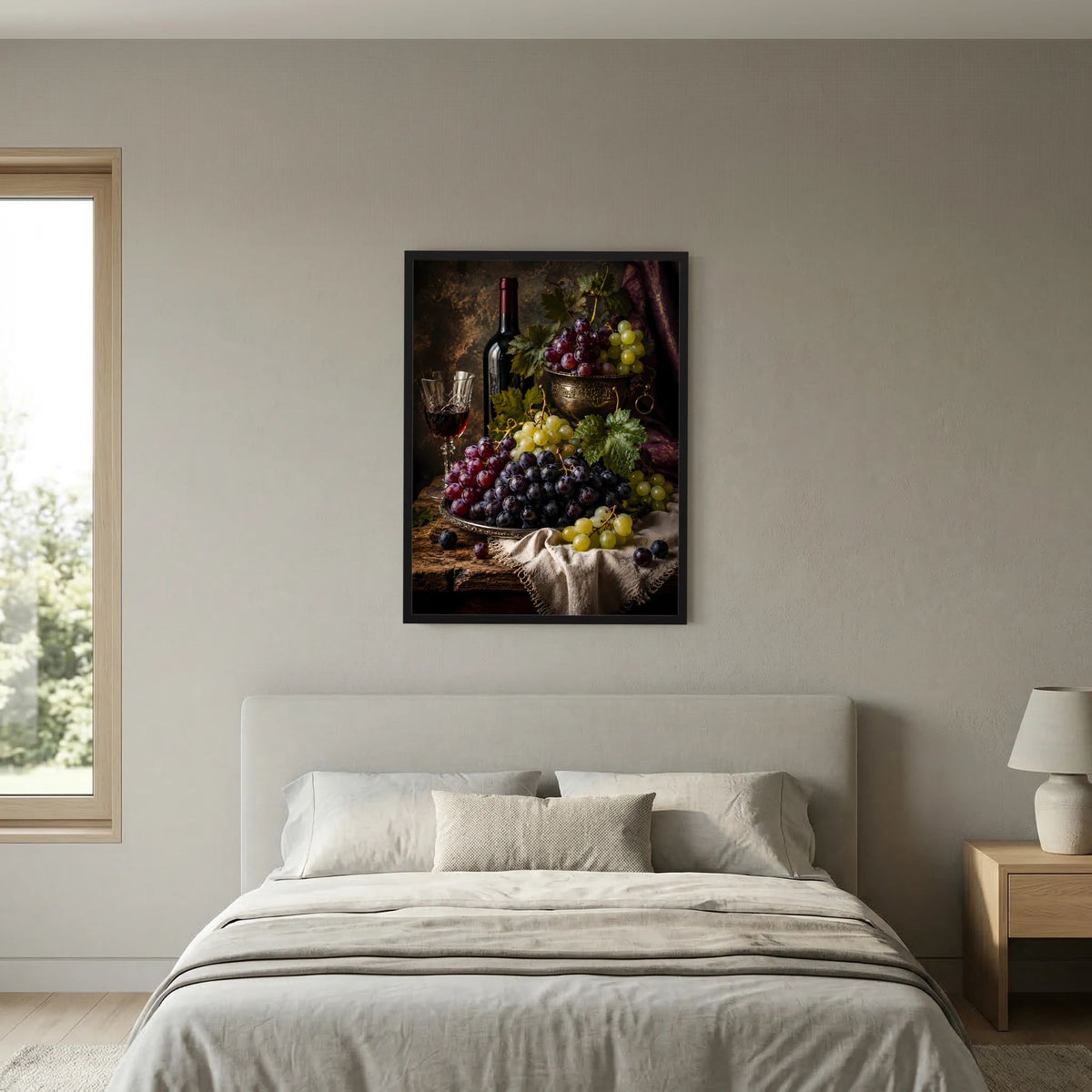 Hochformat-Poster an der Wand: Weinflasche, Trauben und Schale mit Traubenmotiv