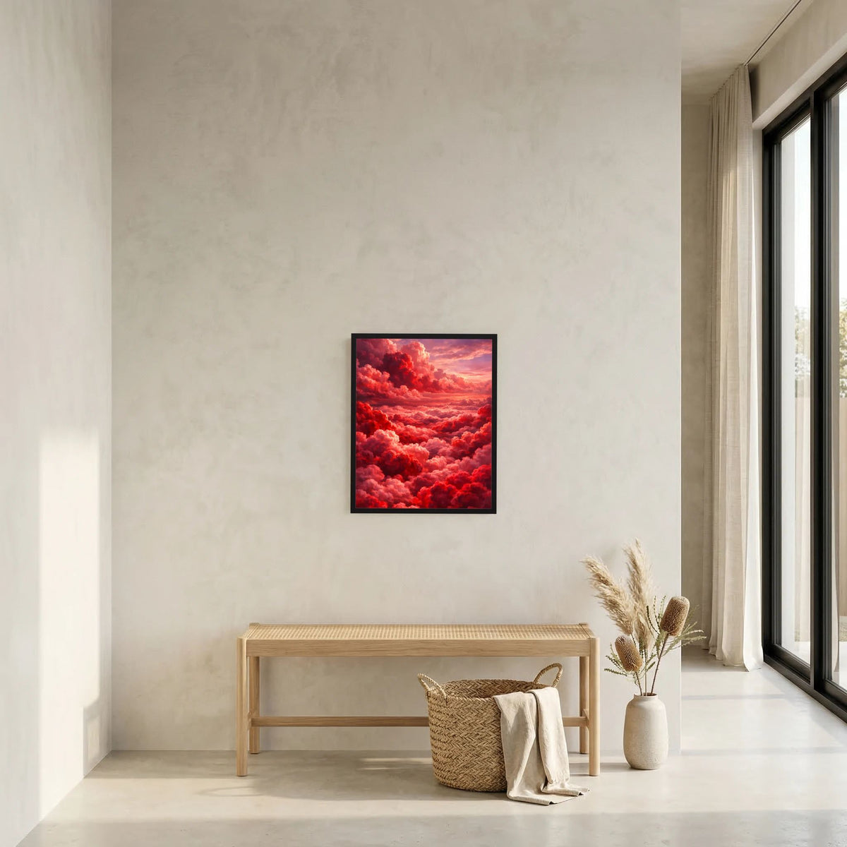 Kleines, gerahmtes Kunstposter mit roten Wolken und rotem Abendhimmel.