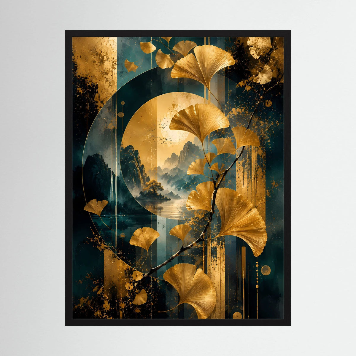 Gerahmtes Hochformat-Poster mit schwarzem Rahmen: goldene Ginkgo-Blätter auf Petrol