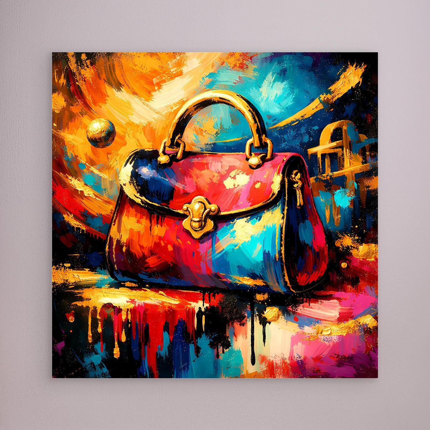 Leinwandbild mit abstrakter Handtasche, bunte Farbspritzer und goldene Akzente ohne sichtbaren Rahmen