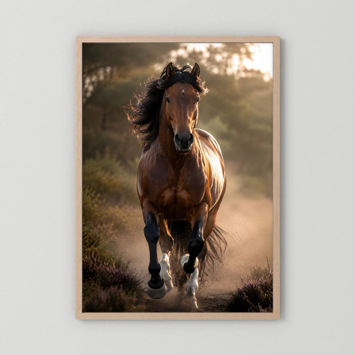 Hochformatiges Kunstposter: brauner Hengst im Galopp, heller Holzrahmen