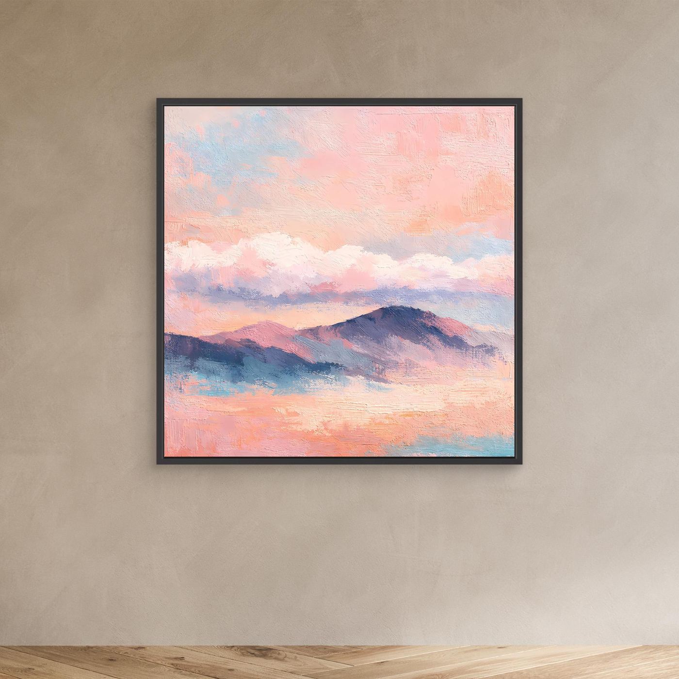 Quadratisches Leinwand-Wandbild mit pastellfarbenen Bergen und Sonnenuntergangshimmel im schwarzen Rahmen