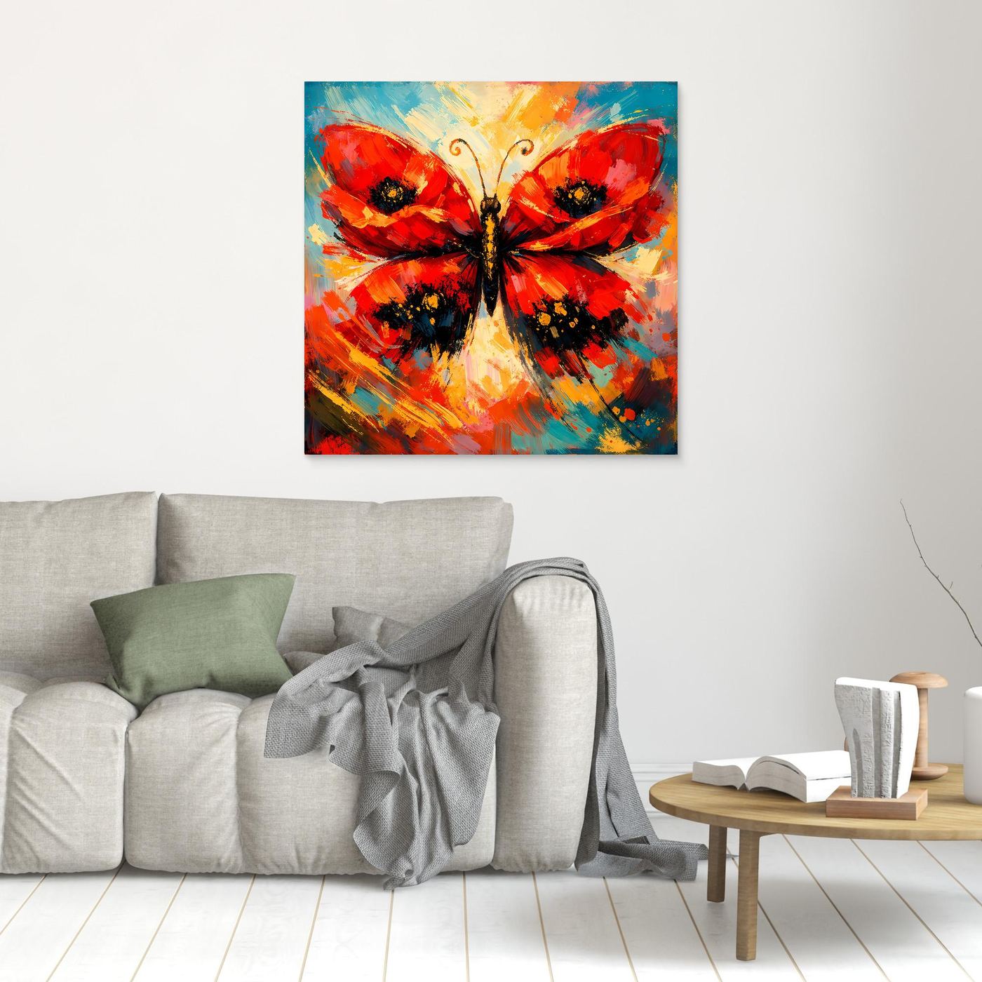 Quadratisches Leinwandbild Schmetterling, rot-blau abstrakt, schwarz gerahmt.