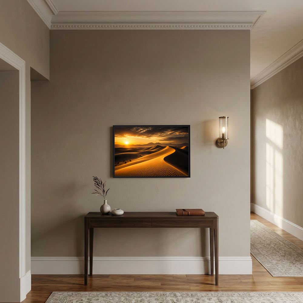 Poster mit Wüstenlandschaft: goldene Dünen und Berge im Sonnenuntergang, quer.